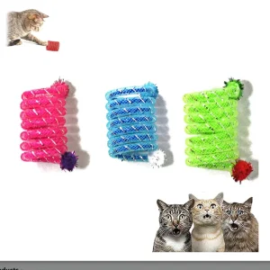 Cat Toys Colorful Spring Cats Stick Interactive Bite Resistant Elastic Wool Ball Spring